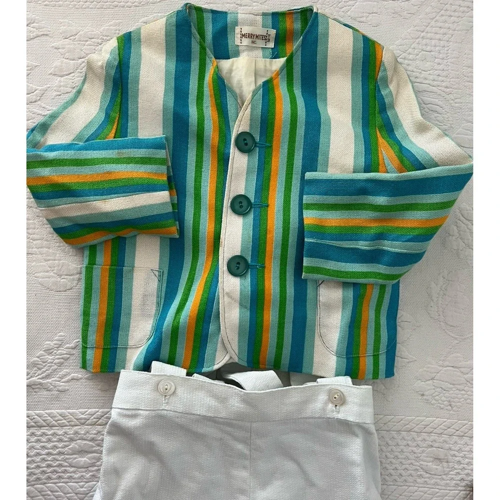 Vintage 1960's  Merry Mites 3T Set Jacket Blue Green Orange Strip Shorts Wedding